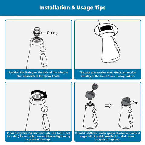 Installation tips for Real Deal Pull Down Kitchen Faucet Replacement Sprayer Head with O-ring and tightening guidelines.