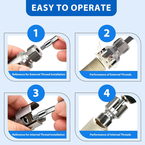 Instructional guide for Dual Function PVC Pipe Threader Tool Kit for Internal and External Threads on Water Pipes Drill Compatible