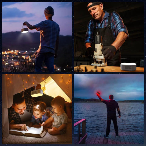 Collage of uses for Beast Bright 1000 Lumen LED Camping Lantern With 6400mAh Rechargeable Battery in various outdoor and indoor settings