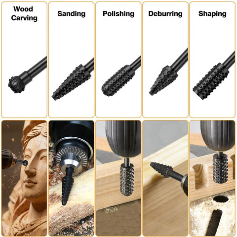 Close-up of Ultimate Wood Carving Kit For Angle Grinder showcasing rotary burrs and carving uses like wood shaping and detailing.