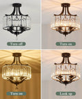 Modern Crystal Chandelier Four Lights Black Semi Flush Mount Ceiling Light Fixture in different lighting modes and angles