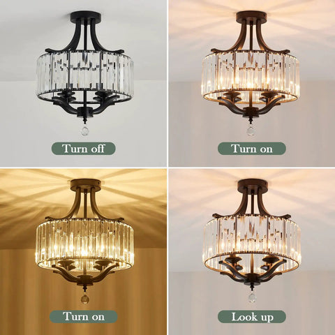 Modern Crystal Chandelier Four Lights Black Semi Flush Mount Ceiling Light Fixture in different lighting modes and angles
