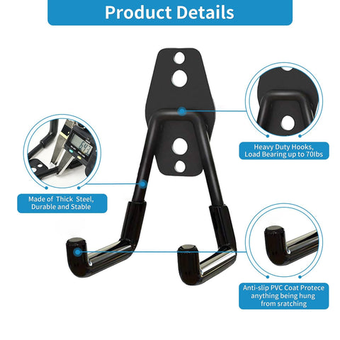 2 Pack Heavy Duty Garage Storage Utility Hooks for Tools and Garden Gear, Steel Wall Mount U Hooks Black, holds 40 lbs, front view