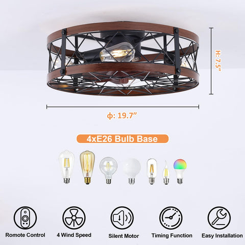 Bladeless Flush Mount Ceiling Fan With Lights 20 Inch Cage Style Remote Control Rustic Low Profile Enclosed Farmhouse Ceiling Fan With E26 Bulbs