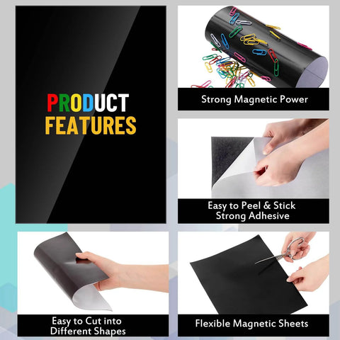 Product features of Ten Pack Magnetic Sheets With Adhesive Backing, 30 Mil Flexible Steel Vinyl Magnet Sheets for crafts and DIY projects.