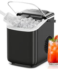 Portable Countertop Ice Maker With Handle Serving Up Fresh Bullet Ice In Under Ten Minutes Delivering Twenty Six Pounds Daily, ice cubes and drink.
