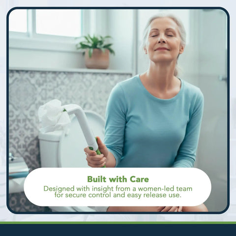 Multipurpose Toilet Wiping Aid 14.5 Inch Long Handle in use by elderly woman in bathroom for hygiene assistance