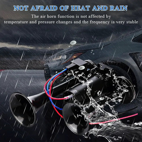 No Nonsense High Output 12V Dual Trumpet Car Air Horn With Compact Compressor in rain with wires, showing durability and weather resistance.
