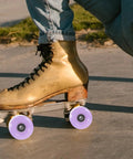 4 Pack Roller Skate Wheels With Bearings Semi Jelly Purple on outdoor quad skate in motion, durable PU and metal construction.