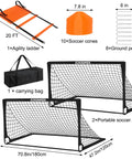 Backyard Kids Soccer Goal Set Two 6x4 Ft Portable Soccer Nets with 10 Training Cones, Agility Ladder, and Carry Bag display.
