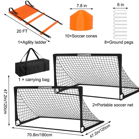 Backyard Kids Soccer Goal Set Two 6x4 Ft Portable Soccer Nets with 10 Training Cones, Agility Ladder, and Carry Bag display.