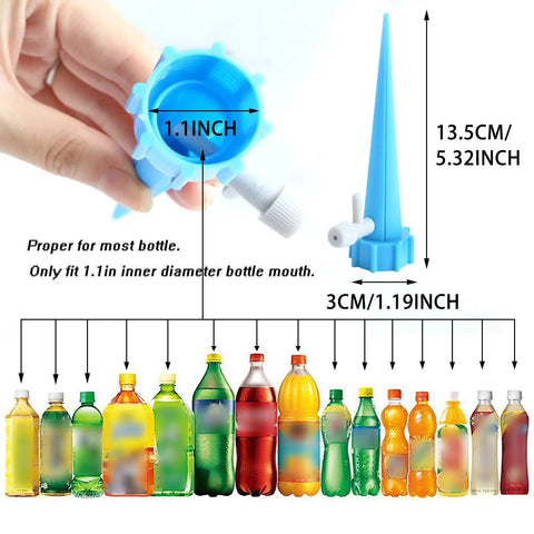 Close-up of 24 Pack Self Watering Spikes For Plants Automatic Indoor Plant Waterer With Adjustable Drip Valve next to bottles.