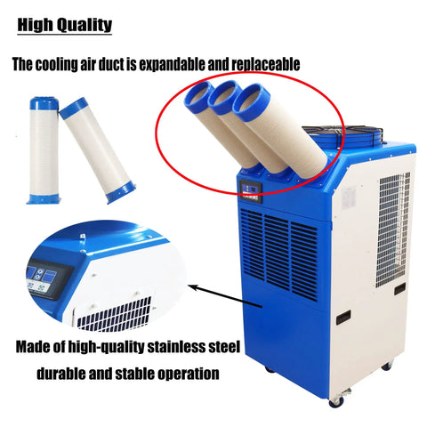 Rock Solid 220V Portable Air Conditioner With 22000 Btu Cooling Power, features triple expandable ducts and stainless steel construction.
