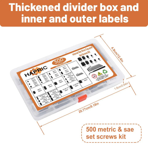 Hardworking 500 Piece Set Screw Kit With 25 Sizes Metric And SAE For Everyday Repairs visible in a labeled storage box