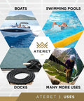 Collage of twisted 3-strand black polypropylene rope use in boats, swimming pools, docks, and outdoor climbing