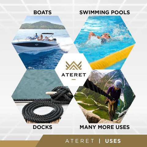 Collage of twisted 3-strand black polypropylene rope use in boats, swimming pools, docks, and outdoor climbing