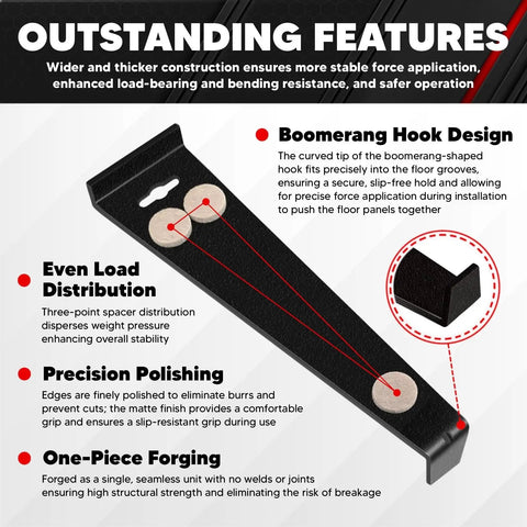 Heavy Duty 12.2 Inch Pull Bar for Vinyl Plank and Laminate Flooring Installations Black Steel Tool With Matte Coating 4mm Thick Soft Back Padding to Protect Floors, angled view