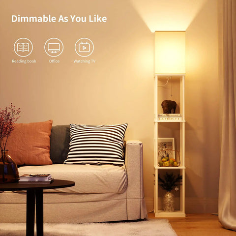 Floor Lamp With Shelves Modern Square Standing Shelf Light in living room, lit with warm LED, books and decor on shelves, corner view.