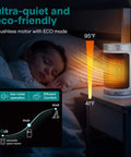 Smart 1500W Space Heater With WiFi Thermostat Remote And 12 Hour Timer Delivers Fast Even Indoor Heat For Living Rooms And Offices With Ceramic PTC Heating For Cozy Comfort All Winter next to sleeping child with temperature indicators.