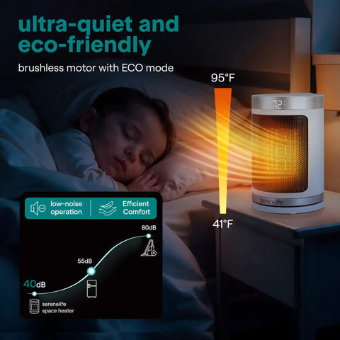 Smart 1500W Space Heater With WiFi Thermostat Remote And 12 Hour Timer Delivers Fast Even Indoor Heat For Living Rooms And Offices With Ceramic PTC Heating For Cozy Comfort All Winter next to sleeping child with temperature indicators.