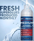 Top Shelf Medium CA Super Glue Refill Kit With 16 Oz Bulk Jug, water droplets on bottle showcasing its use for woodworking and repairs.