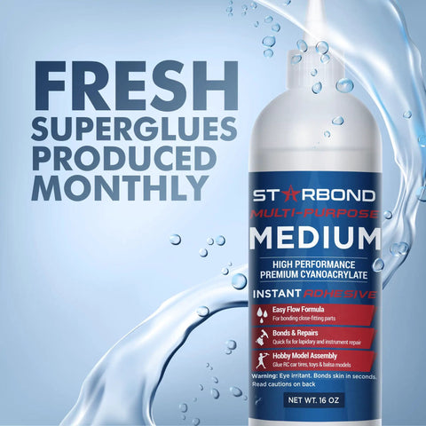 Top Shelf Medium CA Super Glue Refill Kit With 16 Oz Bulk Jug, water droplets on bottle showcasing its use for woodworking and repairs.
