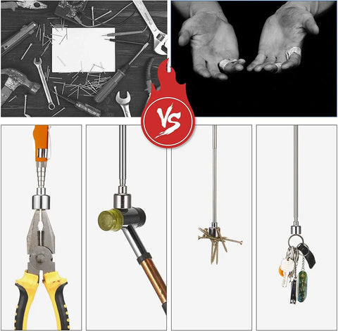 Telescoping Magnetic Pickup Tool holding pliers, wrench, nails, keys; extendable 30 inch stainless steel magnetic rod shown in action