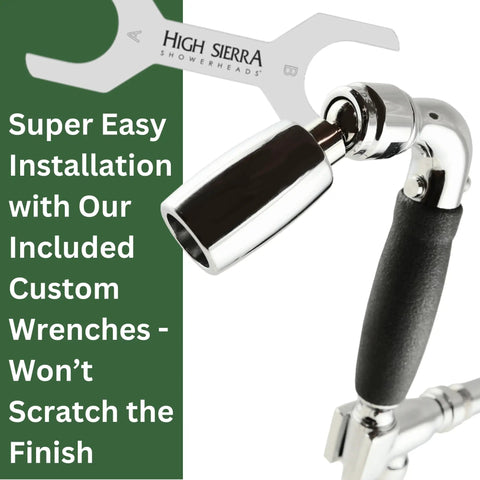 Solid Metal Handheld Shower Head Kit With Dope Slip-Free Grip, tool for installation, close-up showing grip and attachment mechanism