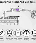 Diagram of Spark Plug Tester Kit With Adjustable Ignition Coil System Pro Grade Coil Pack Tester with icons for features.