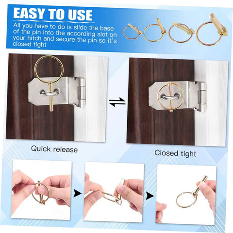 10 Piece Heavy Duty Lynch Pin Fastener Set For Trailers Trucks And Mowers showing quick release and closed tight usage steps