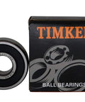 2 Pack 6201 2RS Deep Groove Ball Bearings 12x32x10mm with double rubber seals next to Timken box