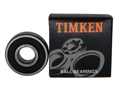 2 Pack 6201 2RS Deep Groove Ball Bearings 12x32x10mm with double rubber seals next to Timken box