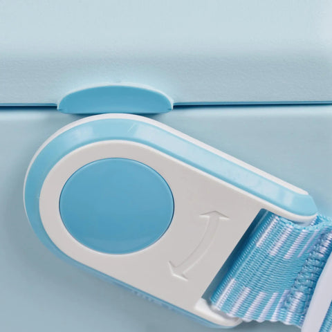 Close-up of the blue strap and lock on the Powder Blue 11 Qt Tag-Along Two Strapped Picnic Style Cooler With Hands Free Crossbody Strap