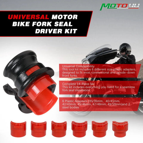 Universal Motorcycle Fork Seal Driver Kit with twelve plastic fork seal drivers and two steel bodies for 35-50 mm forks in red.