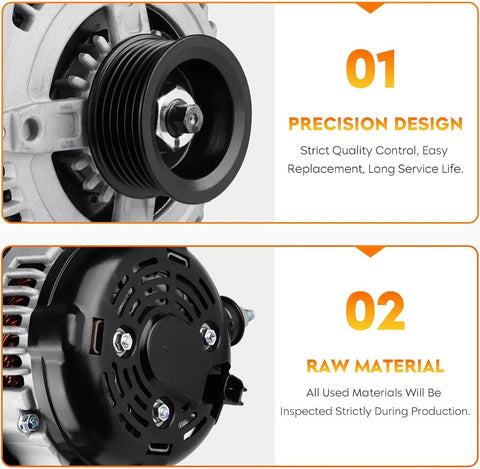 Diagrams showcasing precision design and raw material inspection for Beefed-Up 130 Amp High Output Alternator Fit For 3.7L Jeep Liberty 2010 2011 2012 And Dodge Nitro 2011 Premium Replacement Built To Tackle Heat Rugged Durability Easy To Install Replaces 05149275AA AND0608 11504 290-5137E 421000-0780 5149275AA.