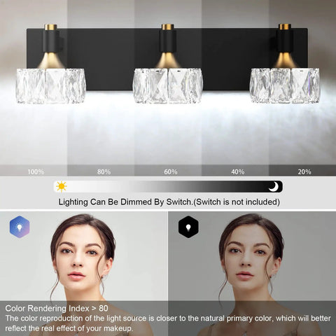Three Light Crystal Bathroom Vanity Light Fixtures with dimmable settings over mirror; black frame, K9 crystal orbs.