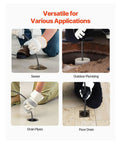 Four images showing Heavy Duty Automatic Feed Drain Cleaner Machine With One Hundred Foot By Three Quarter Inch Kink Free Steel Sewer Snake Auger in use.