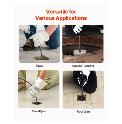 Four images showing Heavy Duty Automatic Feed Drain Cleaner Machine With One Hundred Foot By Three Quarter Inch Kink Free Steel Sewer Snake Auger in use.