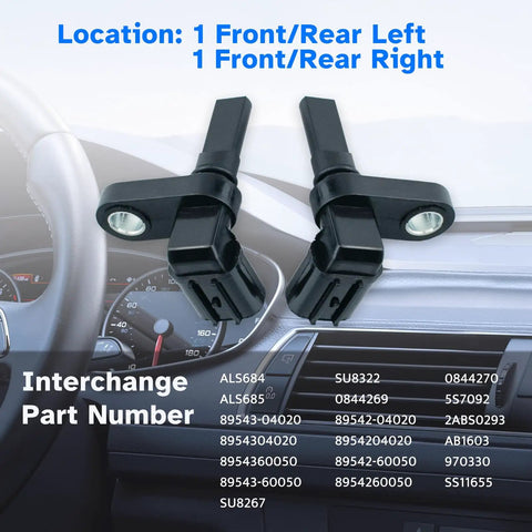 Heavy Duty ABS Wheel Speed Sensor Pair For Toyota Tacoma 4Runner Land Cruiser FJ Cruiser And Lexus GX460 LX570 2005 Through 2022, front rear view.
