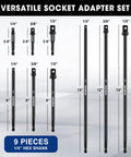 Versatile 9 Piece Socket Adapter Extension Set With Quarter Inch Hex Shank for various drive sockets, shown in different sizes.