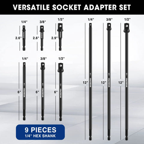 Versatile 9 Piece Socket Adapter Extension Set With Quarter Inch Hex Shank for various drive sockets, shown in different sizes.