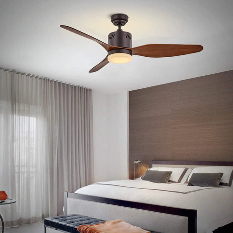 Dope Indoor 46 Inch Ceiling Fan With Three Reversible Wooden Brown Blades And Frosted Glass Light Pull Chain Switch in bedroom