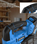 Close-up of 20V Brushless Cordless Jig Saw with 4.0Ah battery, highlighting 6-speed control for precise cuts in wood, plastic, metal.