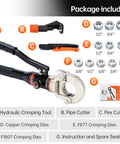 Pro Grade Hydraulic Copper Pipe Crimping Tool Kit With Half, Three Quarter, One Inch Die Sets For Copper Tube And F877 Stainless PEX Sleeves Rotating Head Aluminum Alloy Body Portable Design Ditch Leaks And Save Time Copper Color package includes tool, cutter, dies, and manual