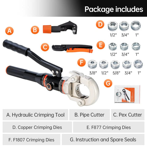 Pro Grade Hydraulic Copper Pipe Crimping Tool Kit With Half, Three Quarter, One Inch Die Sets For Copper Tube And F877 Stainless PEX Sleeves Rotating Head Aluminum Alloy Body Portable Design Ditch Leaks And Save Time Copper Color package includes tool, cutter, dies, and manual