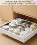 Two Pack Slide Out Cabinet Organizers With Adjustable Width And Depth For Kitchen Storage Smooth Glide Heavy Duty Drawer Pulls Zero Drama, organized cabinet tray with pots and dishes.