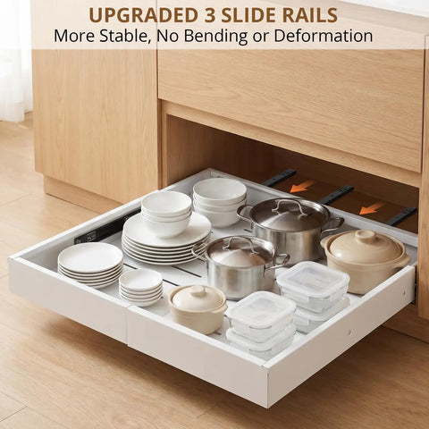 Two Pack Slide Out Cabinet Organizers With Adjustable Width And Depth For Kitchen Storage Smooth Glide Heavy Duty Drawer Pulls Zero Drama, organized cabinet tray with pots and dishes.