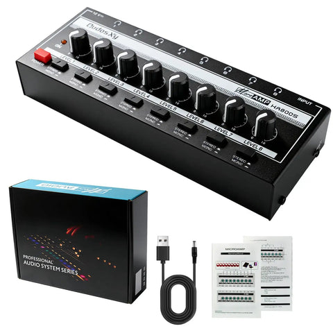 HA800S Eight Channel Stereo Line Mixer for sub mixing, independent controls, and accessories including box and cables.