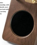 Boss Grade Wood And Copper Espresso Tamper Station Heavy Duty Coffee Tamping Stand with grippy silicone base round tamping area.