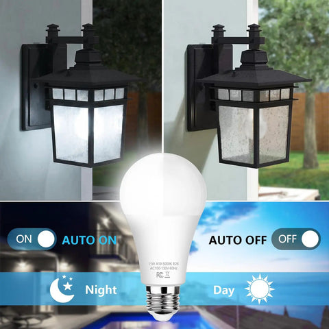 Six Pack Dusk To Dawn A19 LED Light Bulbs 11W 1200 Lumens 100 Watt Equivalent E26 Base Auto On Off Outdoor Daylight White 5000K Smart Sensor lamp